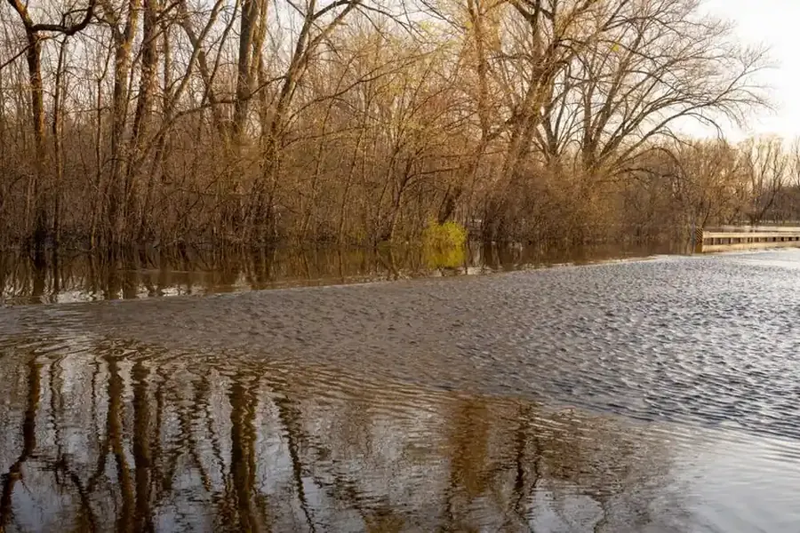 Flooded Fairfax County landscape near creek tributaries during storm event